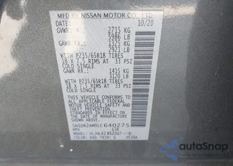 2020 Nissan Pathfinder S 4Wd z USA, uszkodzony, nr VIN 5N1DR2AM0LC640275